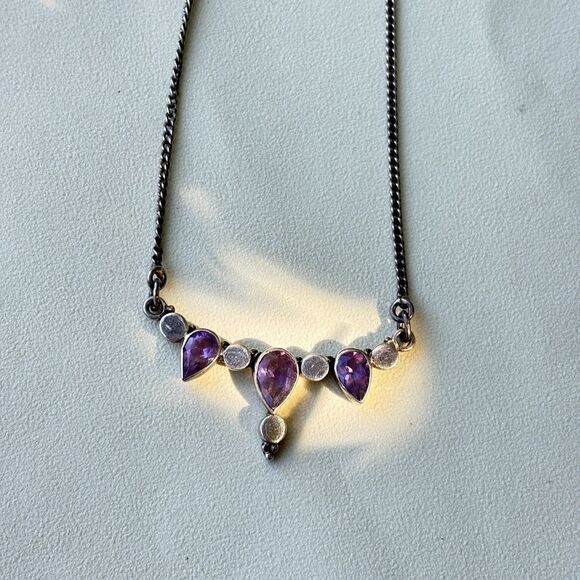 925 Sterling Silver Amethyst Necklace Artisan Design Pear Drop Stones 16” Toggle - Picture 2 of 7